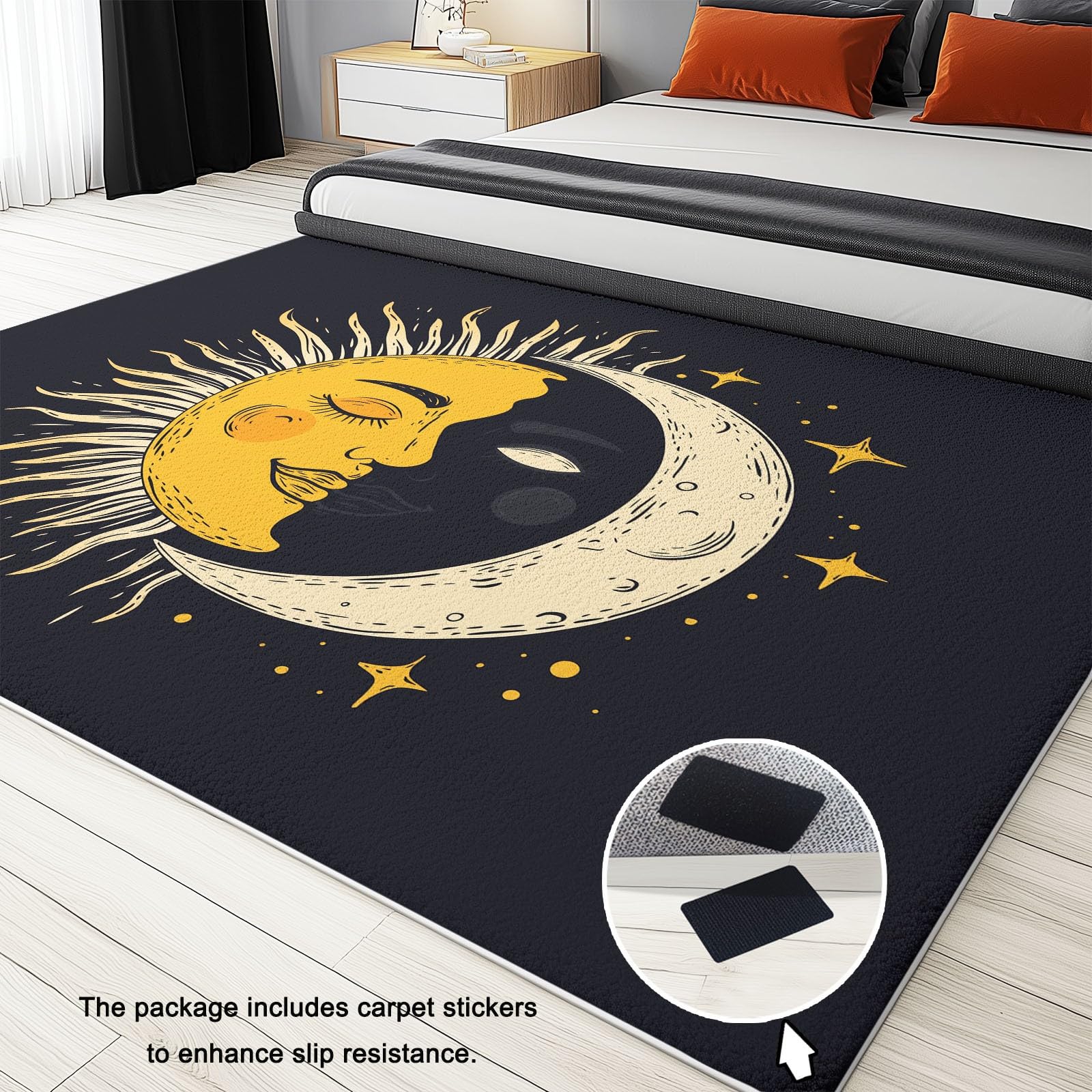 Noir Imprimé Tapis de Salon Lavable 160x230 cm Soleil Lune, Tapis Antidérapant à Poils Courts Doux pour Chambre Cuisine Entrée D'intérieur Décoration