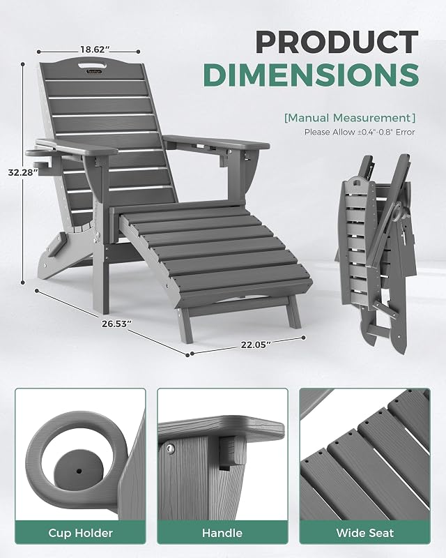 Adjustable Adirondack Chairs with Retractable Ottoman, HDPE Folding Adirondack Chair with 2 Cup Holders，Weather Resistant for Backyard, Poolside & Fire Pit (Grey) image 3