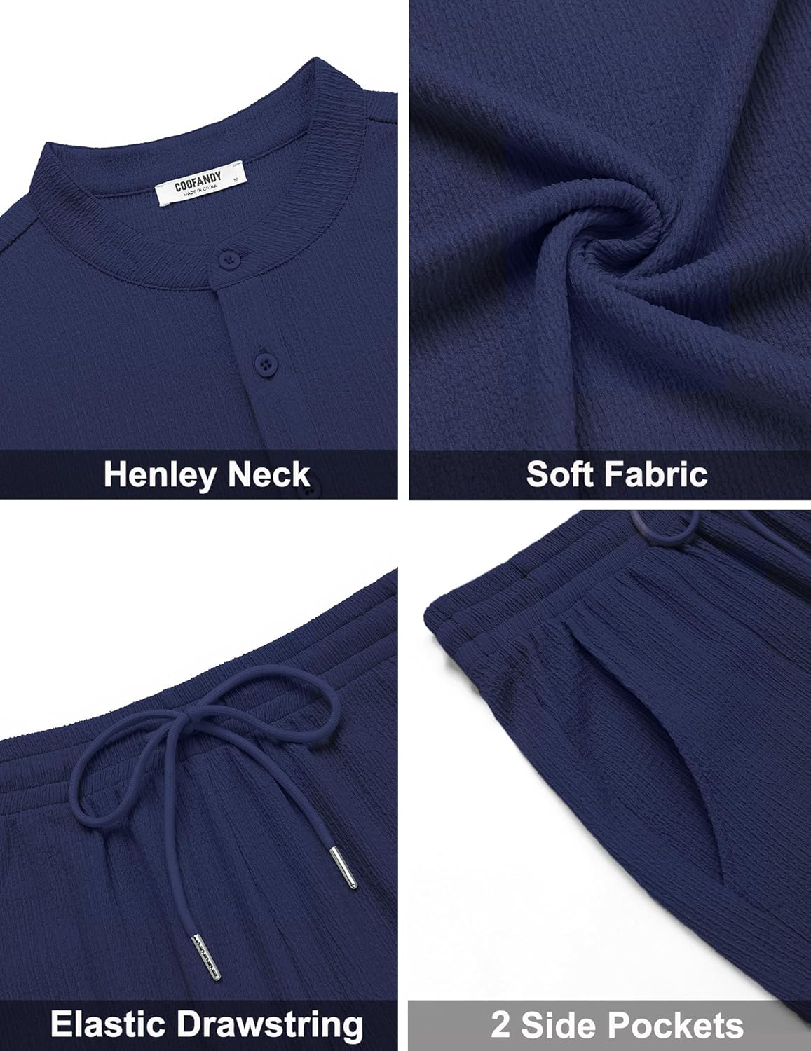 COOFANDY Men's 2 Piece Summer Beach Outfits, Textured Casual Henley Shirt and Shorts Set - Image 6
