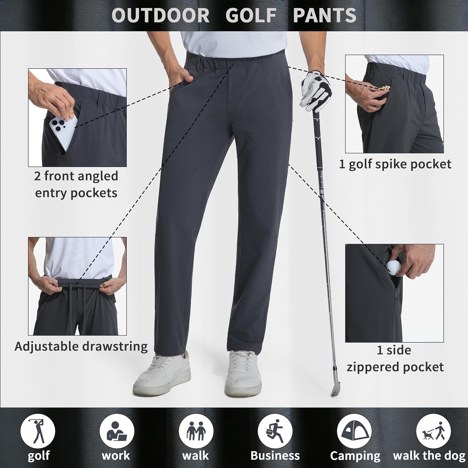 Mens Stretch Golf Pants Casual Dress Pants with 5 Pockets 30"/32" Slacks for Men Quick Dry Joggers Slim Fit Tapered Trousers