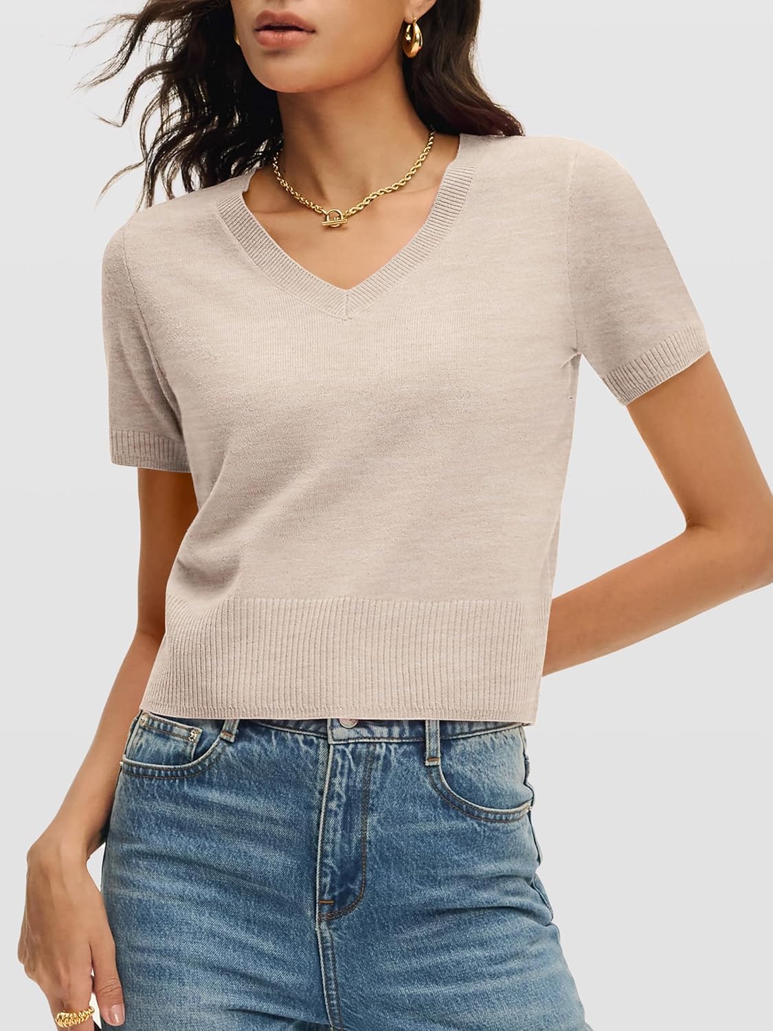 ANRABESS Womens Short Sleeve Sweaters Cropped V Neck Business Casual Lightweight Sweater Tops Summer Spring Clothes 2026 - Image 3
