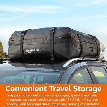 Amazon Basics Rooftop Cargo Carrier Bag, 425L, Waterproof Heavy Duty Car Roof Bag for Vehicles with Roof Rack, 8 Reinforced Straps, Foldable, Storage Bag Included, Black