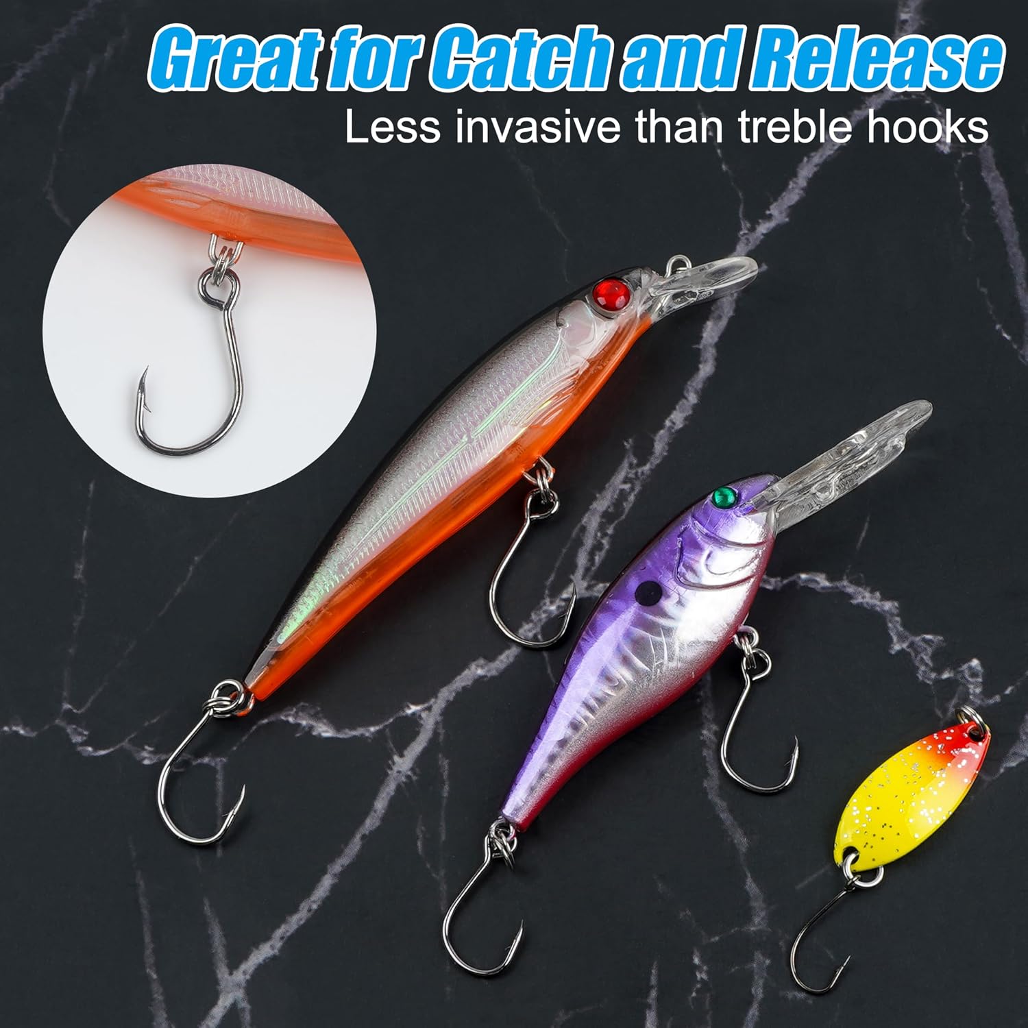 170pcs Inline Single Hooks Kit Single Replacement Inline Circle Hooks with Split Rings for Hard Lures Baits Freshwater Saltwater Fishing Tackle