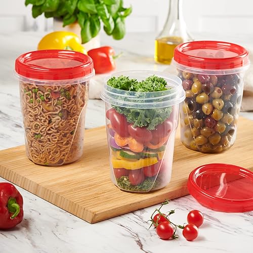 Miniatura 2 de PLASTICPRO Paquete de 6 recipientes de almacenamiento de alimentos con tapa giratoria con rosca roja, recipientes reutilizables de preparación de