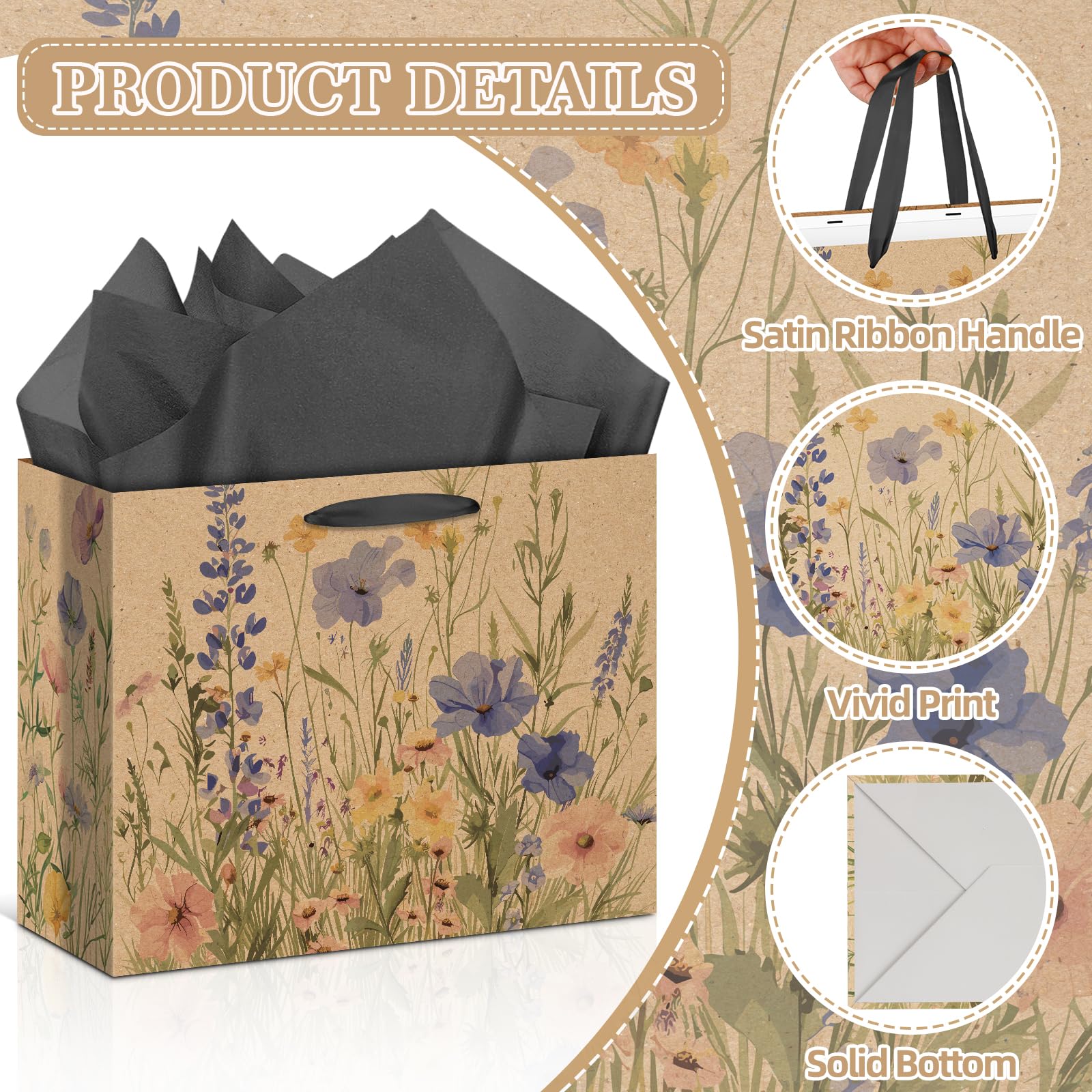 Wildflower Gift Bag Christmas Gifts Wild Floral Birthday Bag with Wrapping Paper Card Sticker Envelope for Watercolor Flower Christian Presents Wedding Baby Shower Bridal Shower Engagement Gifts Wrap