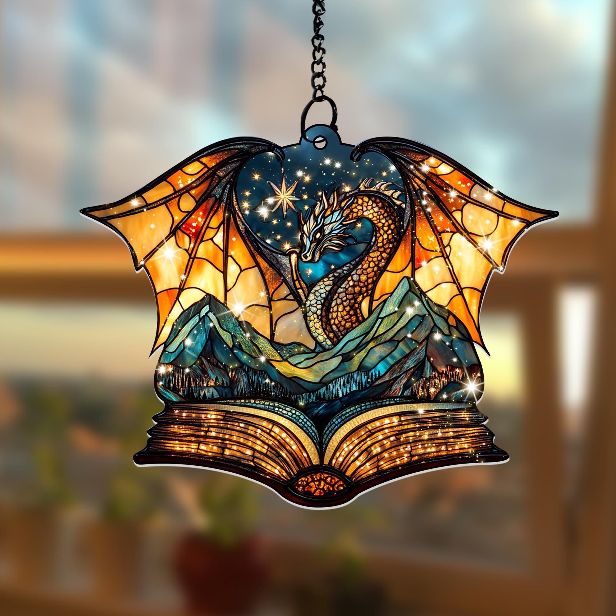 Fantasy Dragon Book Suncatcher for Windows – Style Hanging Ornament – Book Lover Gift, Christmas Tree Ornamnet, Fantasy Reader Decor, Reading Room