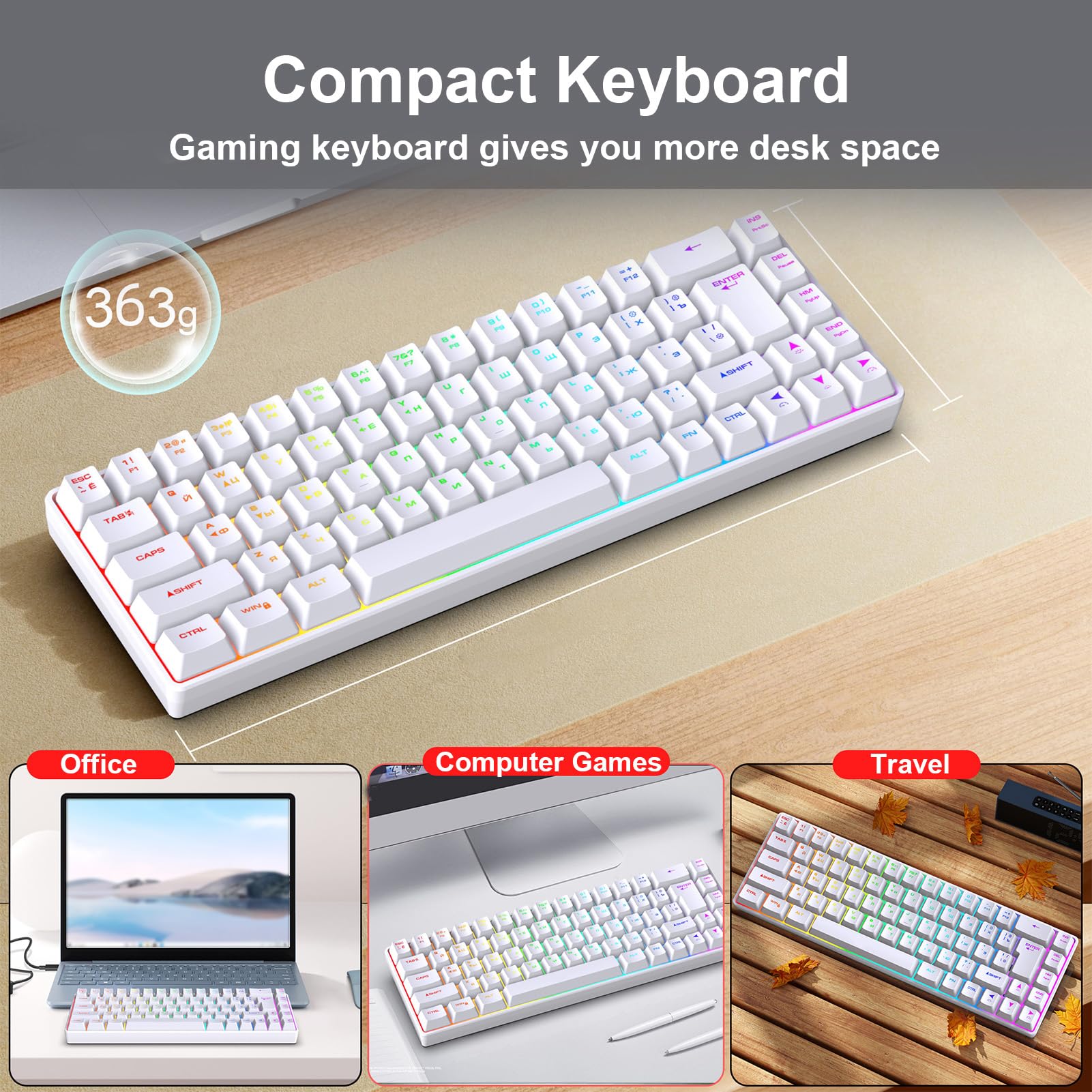 Annadue 68 Kluczowa Rosyjska Angielska Klawiatura Gier, Odwrotna Klawiatura Mechaniczna RGB z 18 Trybami Oświetleniowymi, USB Podłączonymi dla Graczy na PC (WHITE)