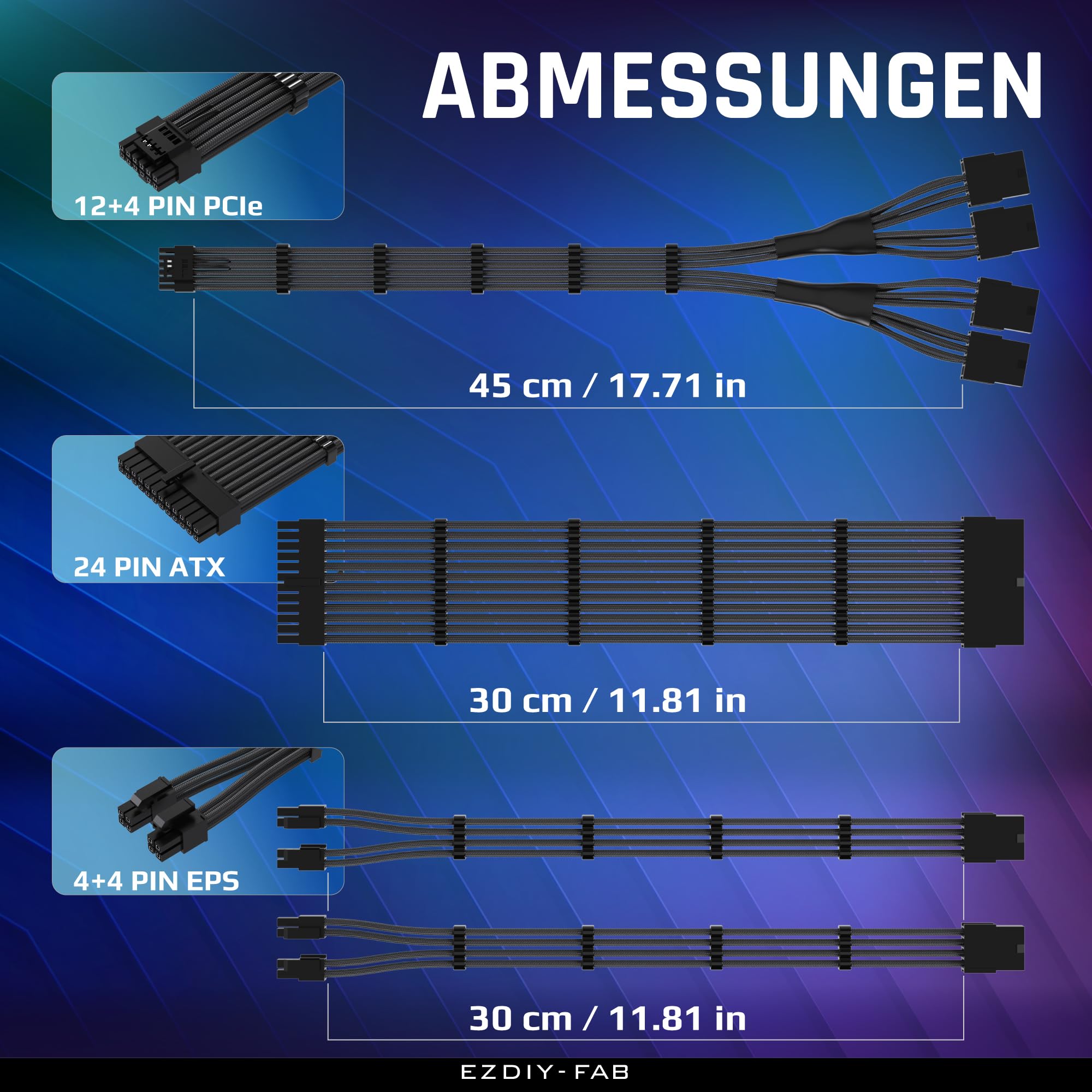 EZDIY-FAB Kit de câble gainé PCIE 5.0 12VHPWR,Extension de câble d'alimentation 16AWG,PC PSU Sleeved Cable,24PIN-ATX/(4+4) PIN-EPS/(12+4) PIN to 4X 8PIN PCIE-RTX4090/4080/4070Ti Câble d'extension-Noir