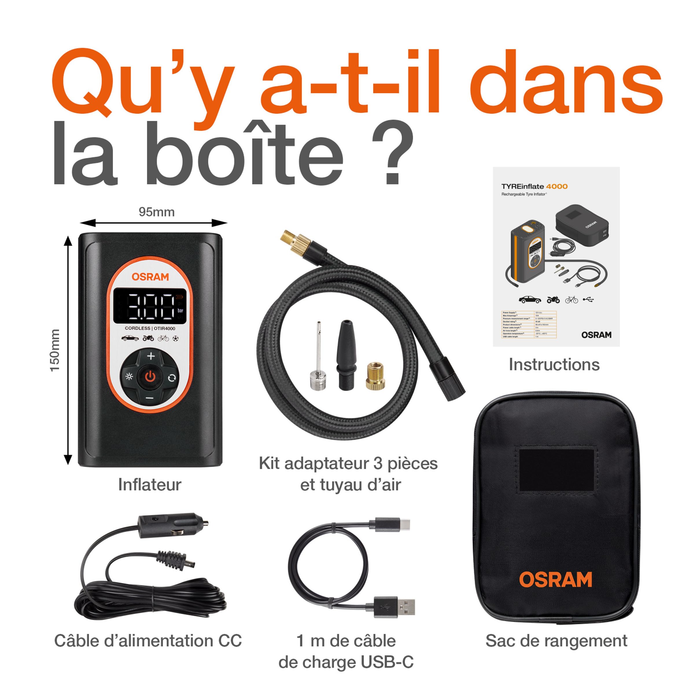 OSRAM TYREinflate 4000 Gonfleur de Pneu sans Fil Rechargeable Compresseur d'air numérique programmable avec arrêt Automatique et gonflage des pneus à lumière LED en 3,5 Minutes | d'air numérique programmable avec arrêt Automatique et gonflage des pneus à