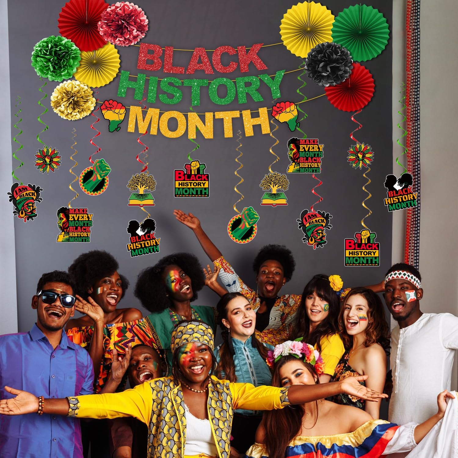 Black History Month Decorations, NO-DIY Black History Decorations Include 1pc Black History Month Banner, Paper Pompoms and Black History Month Hanging Swirls, Black History Month Decorations for Classroom