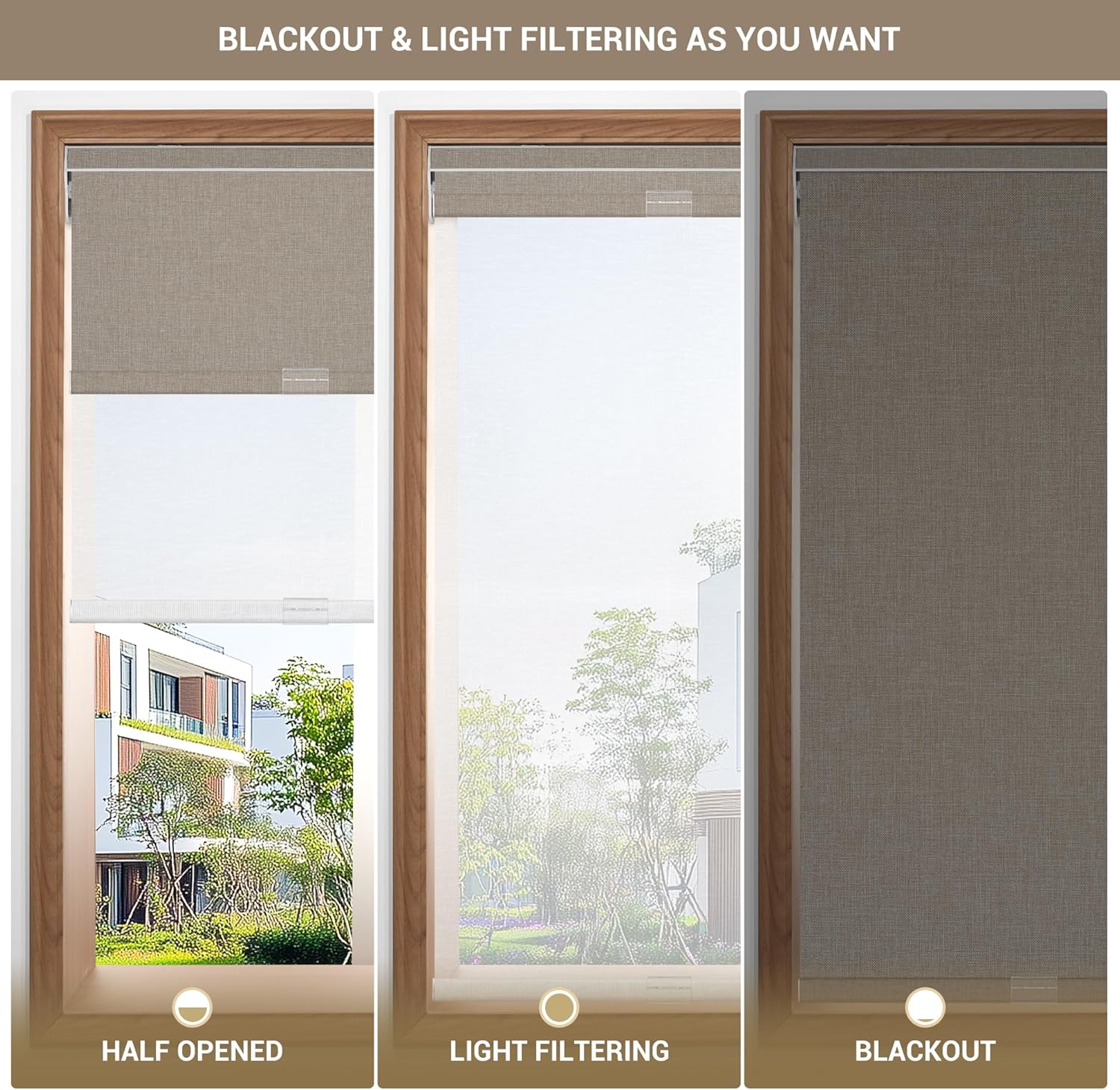 boolegon dual roller shades, cordless double window shades blackout and light filtering shades with valance, day and night roller blinds for home office door, linen light brown & white, custom size