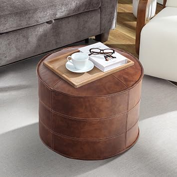 Leather Ottoman,Handmade Stuffed Square Ottoman,Genuine Leather Pouf, Foot Rest Pouf,Comfortable Soft Seating for Living Room & Bedroom Brown, Round