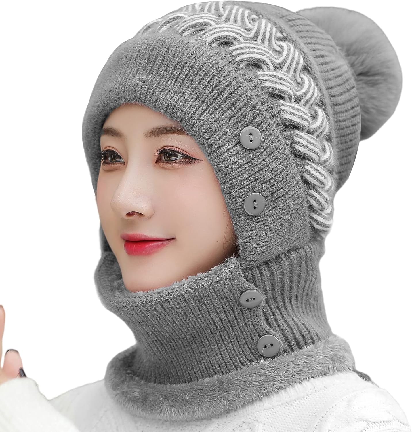 Women Winter Beanie Hats One-Piece Fleece Lined Knit Balaclavas Mask Set Skull Neck Circle Scarf Ski Snow Hat Cap with Pompom - Image 6