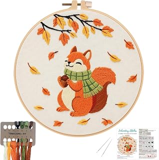 Louise Maelys Autumn Squirrel Embroidery Kit for Beginners Adults | Cross Stitch Kit for Adults,Stamped Pattern, Complete Easy Needlepoint Kit, Easy Craft Thankgiving Gift And Room Decor