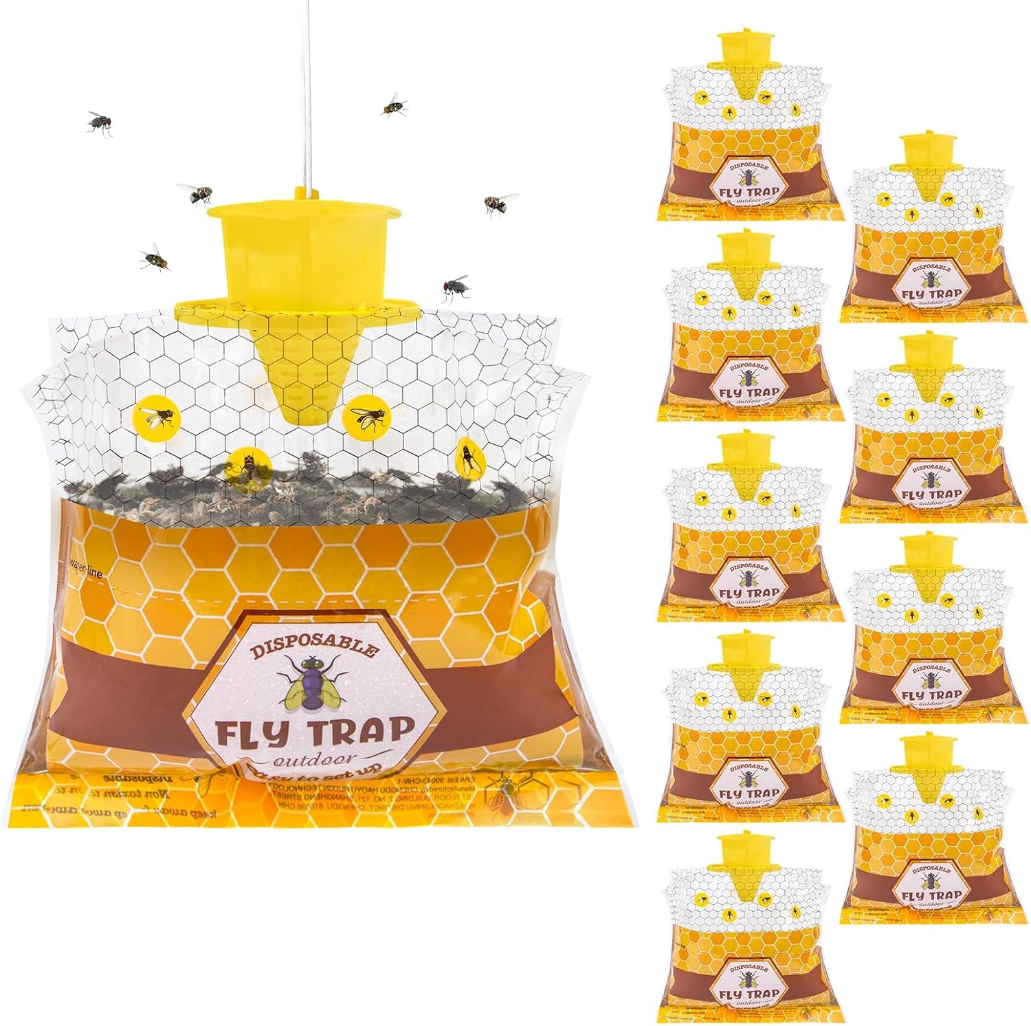 10 Packs Fly Bags Hanging Outdoor, Disposable Fly Traps Outdoor, Fly Catcher Killer with Bait, Yellow Traps Hunter, Mosquitoes Traps for Outside, Ranch Farm Garden Barn Stable
