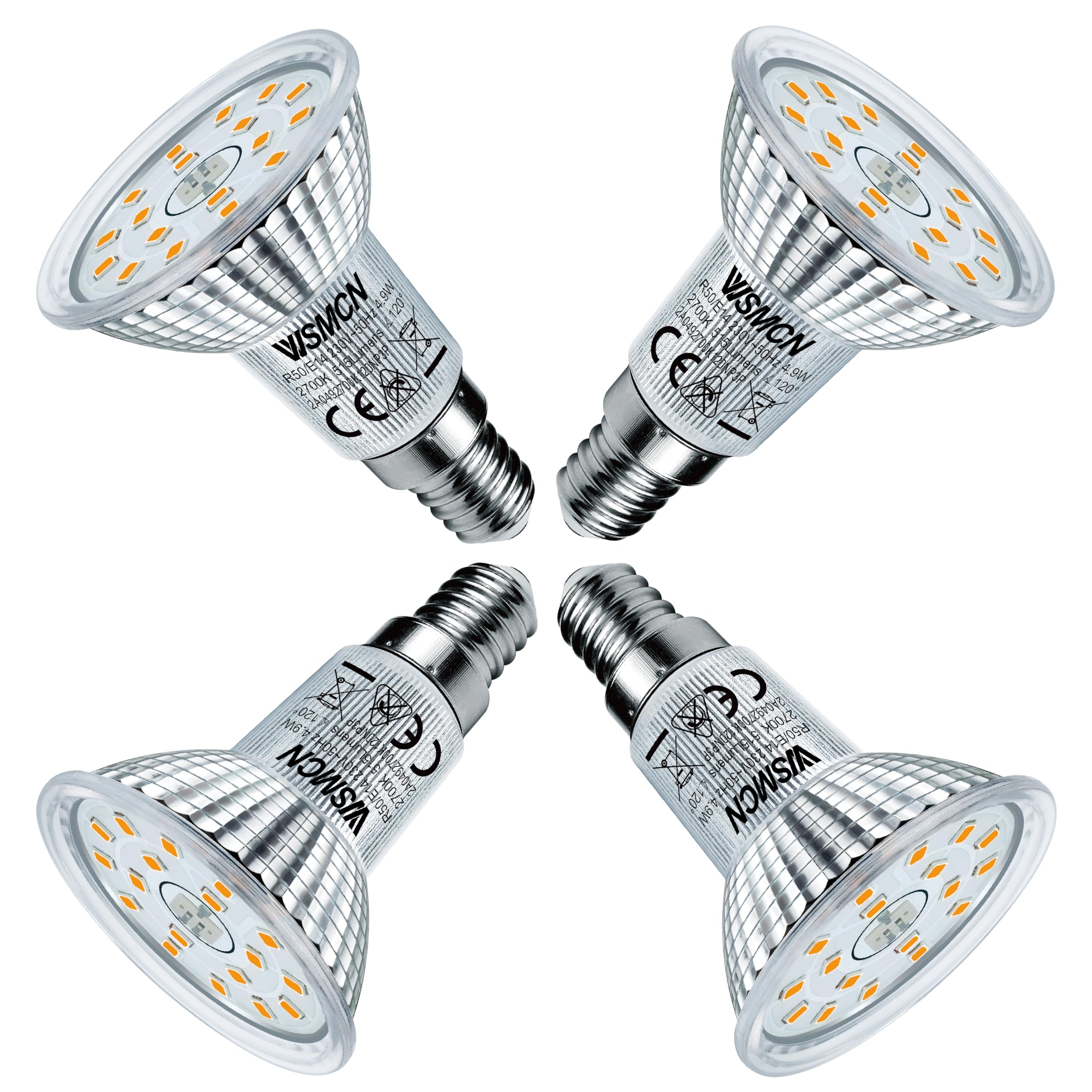 WSMCN E14 LED Bulb 4.9W Equivalent 70W Halogen Spotlight, Non-Small Screw Light Bulb, Warm White 2700K 515LM, Non-Dimmable, Energy Saving Light Bulb, R50 Reflector Bulbs, Pack of 4
