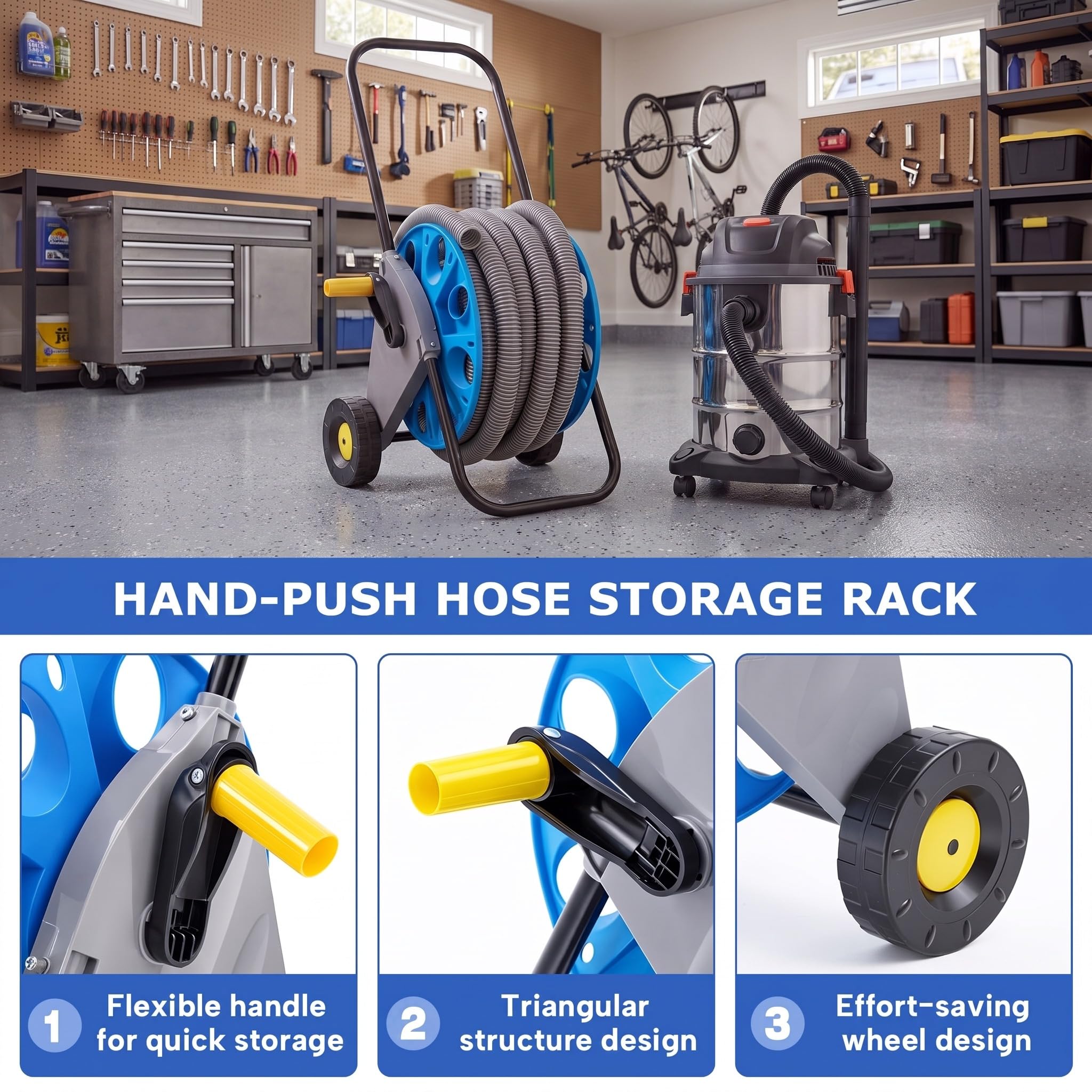 BBTO Tragbare Vakuumschlauchtrommel mit Rädern, 90 cm Verlängerungsschlauch-Set für 32 mm Staubsauger, mobile Aufbewahrungsrolle mit 2 Reinigungszubehör für Garage, Werkstatt, Haus und Auto Reinigung
