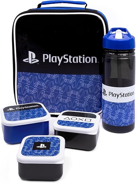 PlayStation Lunch Bag Set | Kids 5 Piece School Dinner Bag, BPA Free Water Bottle & 3 Snack Pots | Black Blue Game Controller Food Container