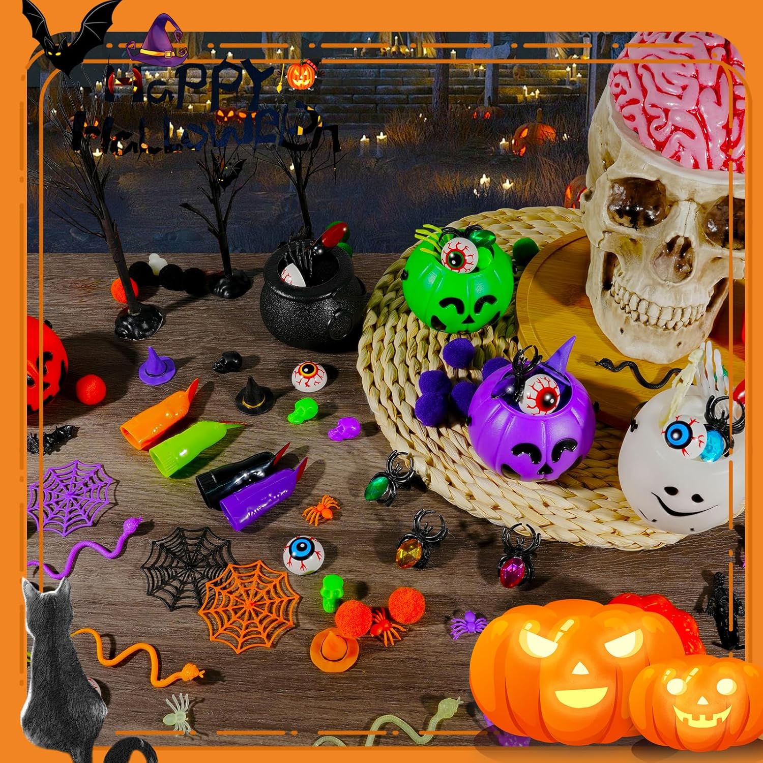 Bbiamsleep 315 Pcs Halloween Sensory Bin Filler Halloween Sensory Bin Items Fine Motor Skills Include Eyeball Bat Witch Hat Cauldron Finger Snake Spider Skull Pom Poms for Sorting Counting Training
