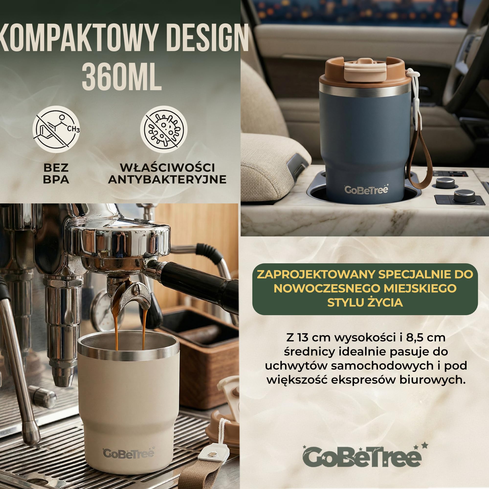 GoBeTree Kubek Termiczny do Kawy 360 ml (12 oz) Stal Nierdzewna ANTIQUE. izolowany tumbler z pokrywką 3 w 1 szczelną, słomką wewnętrzną i odpinanym paskiem do biura, samochodu, podróży i siłowni