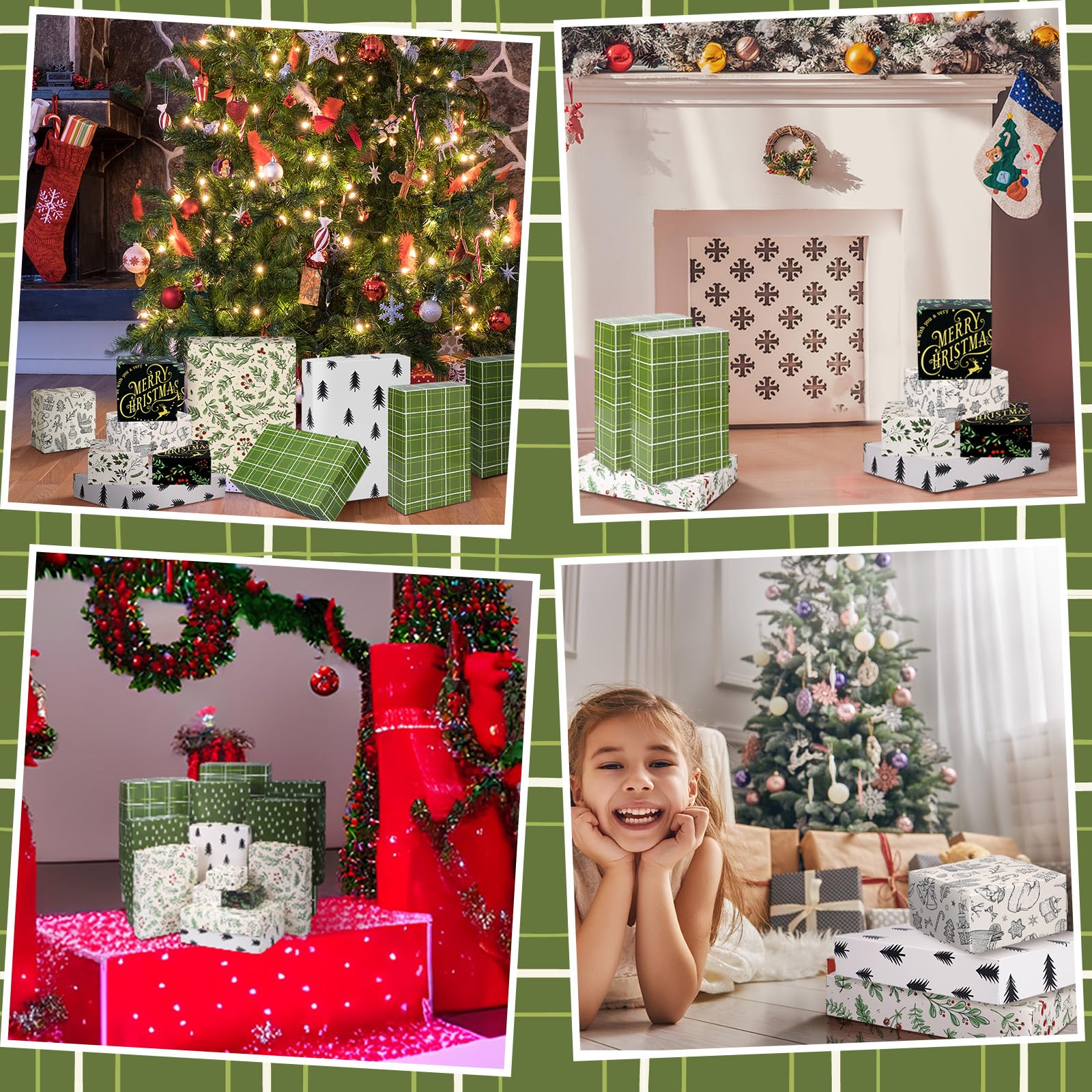 Qilery Lot de 24 boîtes cadeaux de Noël avec couvercles neutres à carreaux - 7 designs et 4 tailles - Boîtes cadeaux décoratives en kraft pour emballage de cadeaux de Noël