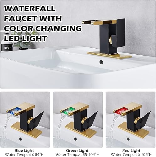 Miniatura 3 de Grifo de baño con mango de un solo agujero, caño abierto en cascada LED, negro y dorado, moderno, latón, lavabo de 3 agujeros, lavabo de 4 pulgadas,