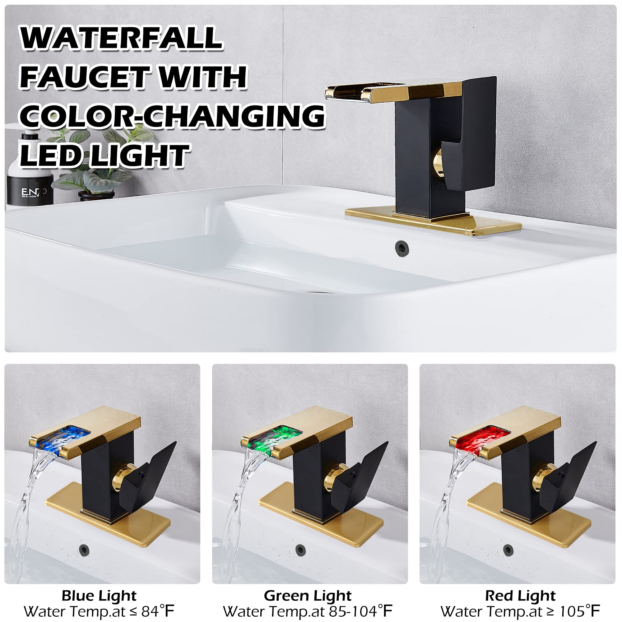Rubinetto per bagno a foro singolo con maniglia, cascata a LED, beccuccio aperto, nero e oro, moderno, in ottone, per lavabo, 3 fori, lavabo da 4 pollici, con tappo di scarico a scomparsa e troppopi