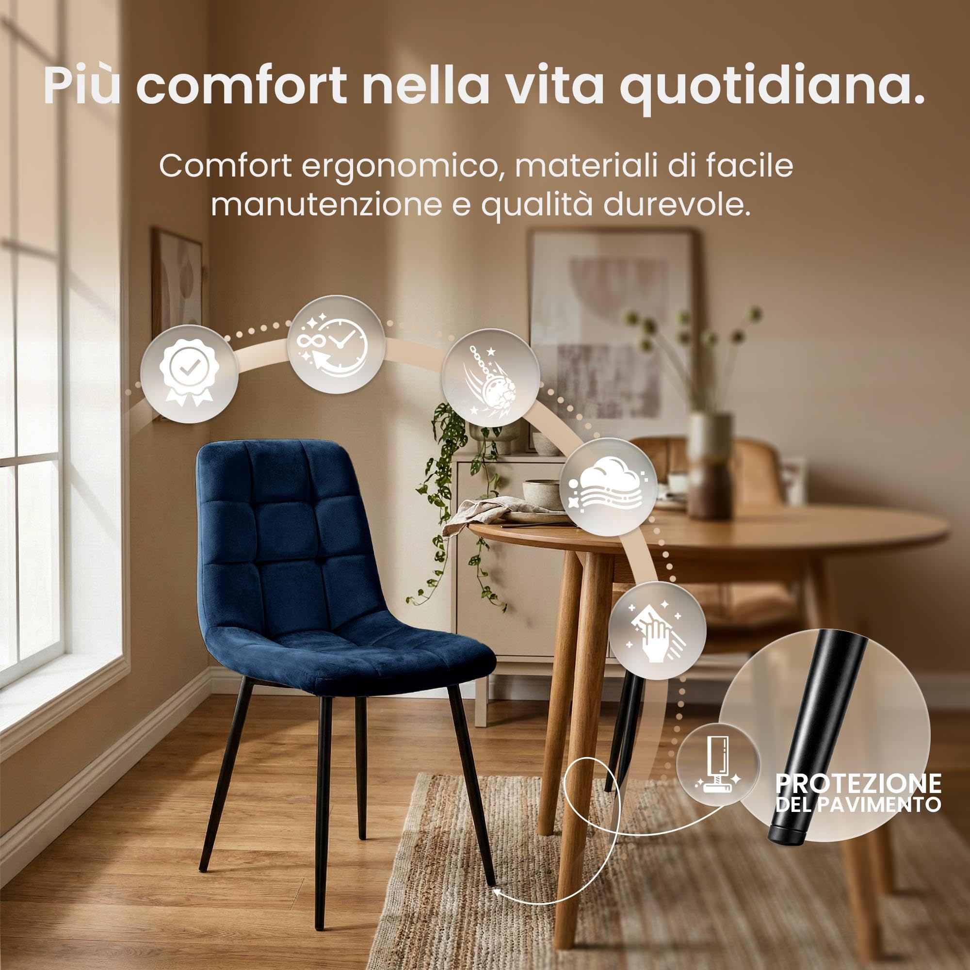 CLP Sedia da Pranzo Imbottita Antibes, Sedia da Cucina in Velluto con Schienale e Struttura in Metallo Nero, Portata 150 kg, Colore:Blu Scuro