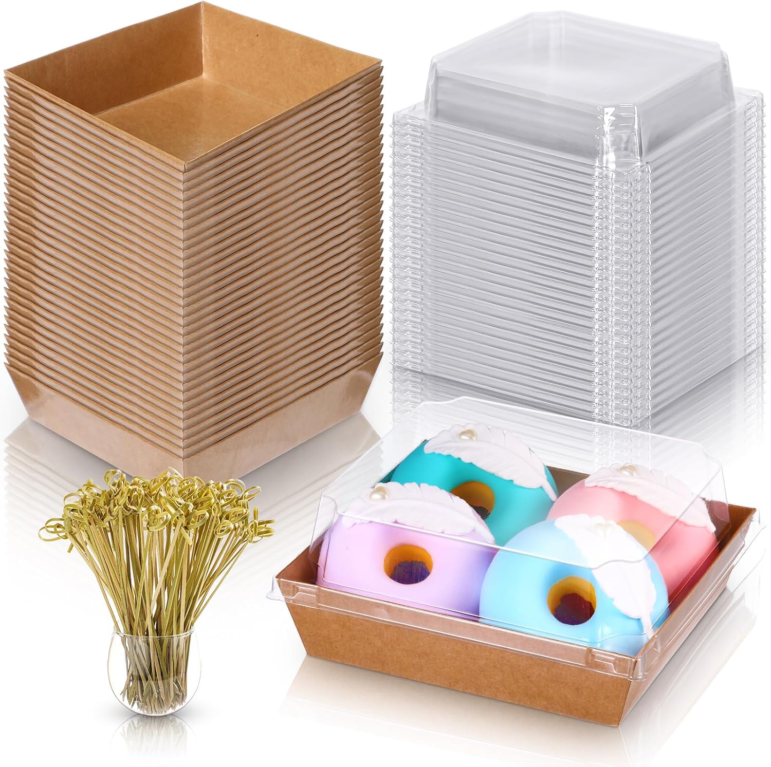 Mumufy 200 Pcs Paper Charcuterie Boxes with Clear Lids, 100 Brown Disposable Food Containers 100 Bamboo Skewers Square Bakery Boxes Small Cake Containers for Cake Pastry Dessert Cookie Salad Sandwich