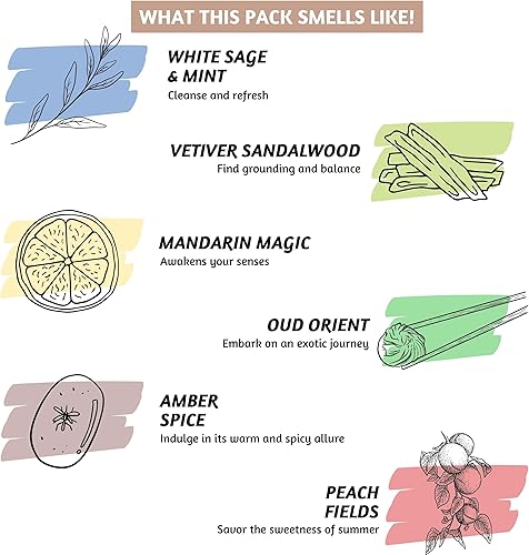 Miniatura 5 de Folkulture Varitas de incienso  Juego de 6 inciensos (120 varillas de insencia)  Rocío de madreselva, canela, expreso, masa de galletas, petrichor,