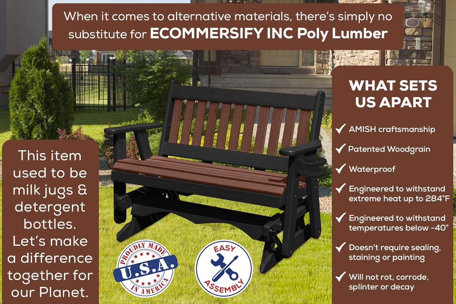 5 FT Brown Amish-Made Porch Glider – 1000 lb Heavy-Duty Poly Lumber wood Mission Bench – USA Crafted HDPE Outdoor Seating Furniture - Stainless Steel Hardware – Smooth, Quiet Glide, Silent Comfort