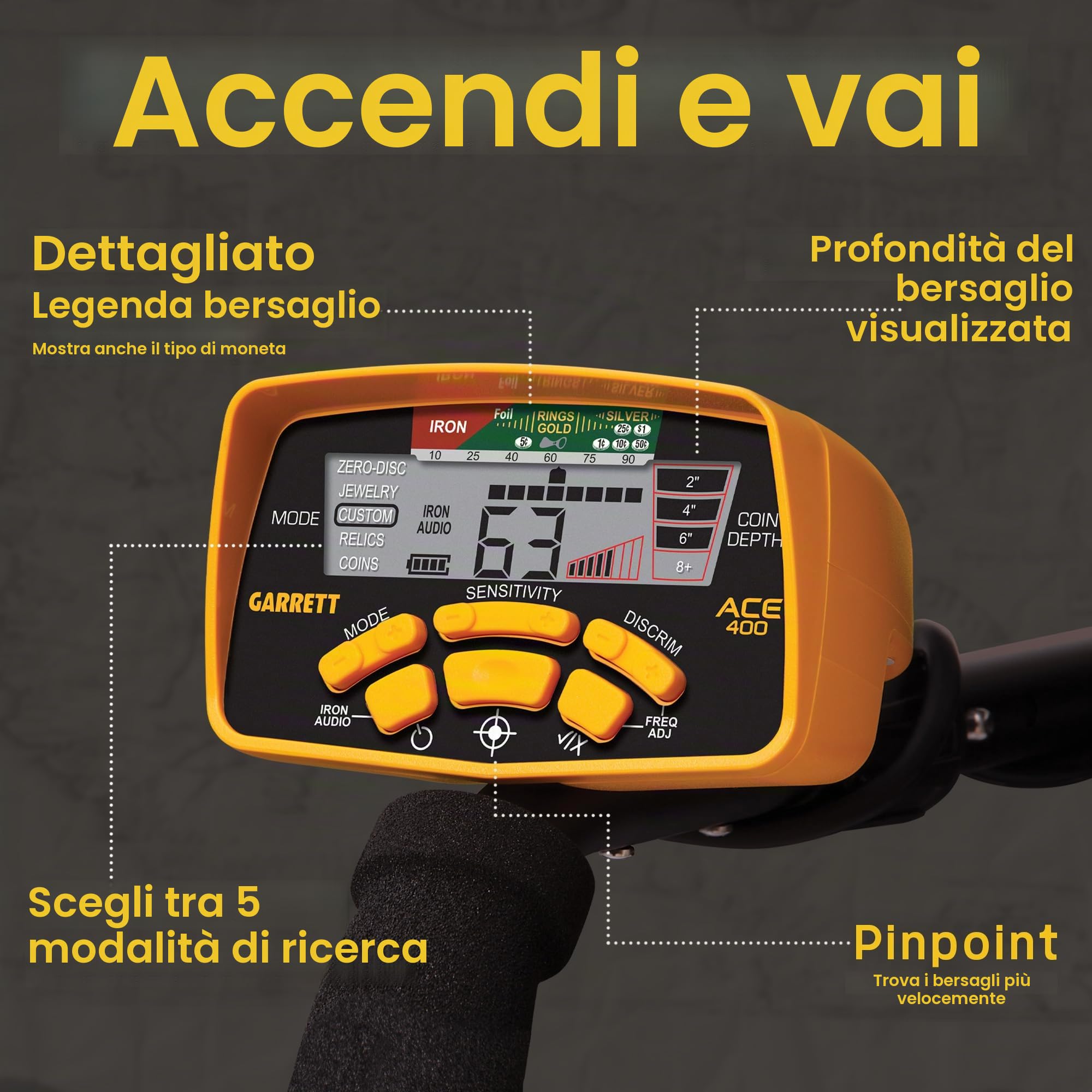 Garrett ACE 400 Metal Detector con bobina di ricerca impermeabile DD e borsa per il trasporto (confezione da 1) (1)