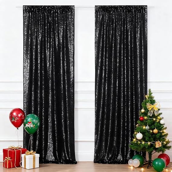 2Pieces Sequin Backdrop 2ftx8ft(60x243cm) Shiny Seamless Photo Booth Curtain for Party Wedding Decoration Photo Background, Black