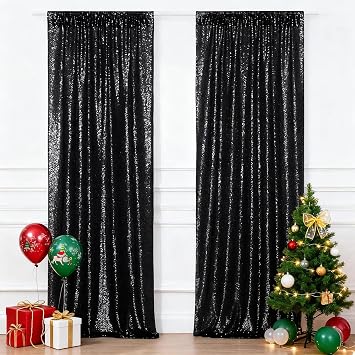 2Pieces Sequin Backdrop 2ftx8ft(60x243cm) Shiny Seamless Photo Booth Curtain for Party Wedding Decoration Photo Background, Black