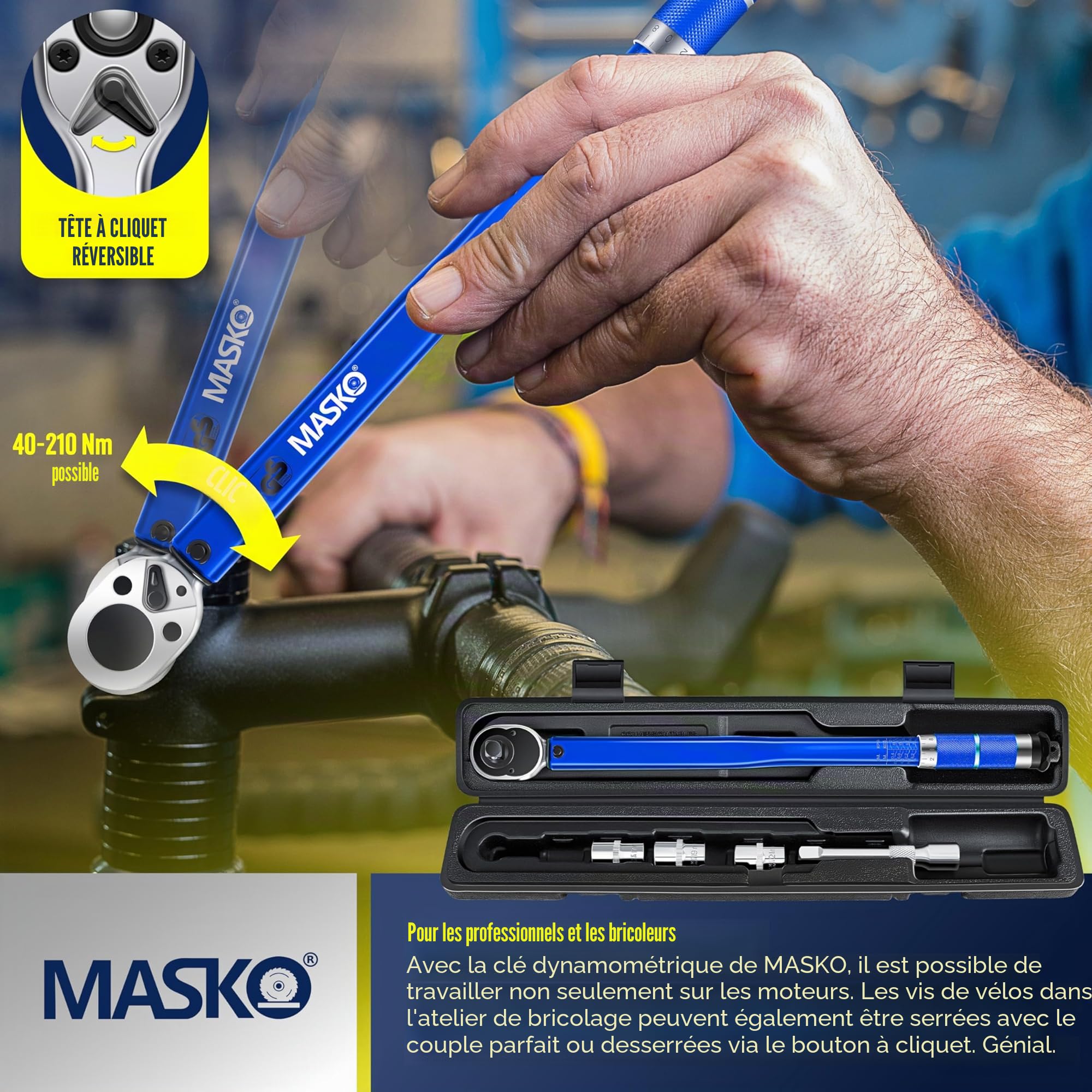 Masko clé dynamométrique 40-210 Nm 1/2" CV avec 3 douilles 17-21 mm et rallonge 125 mm coffret