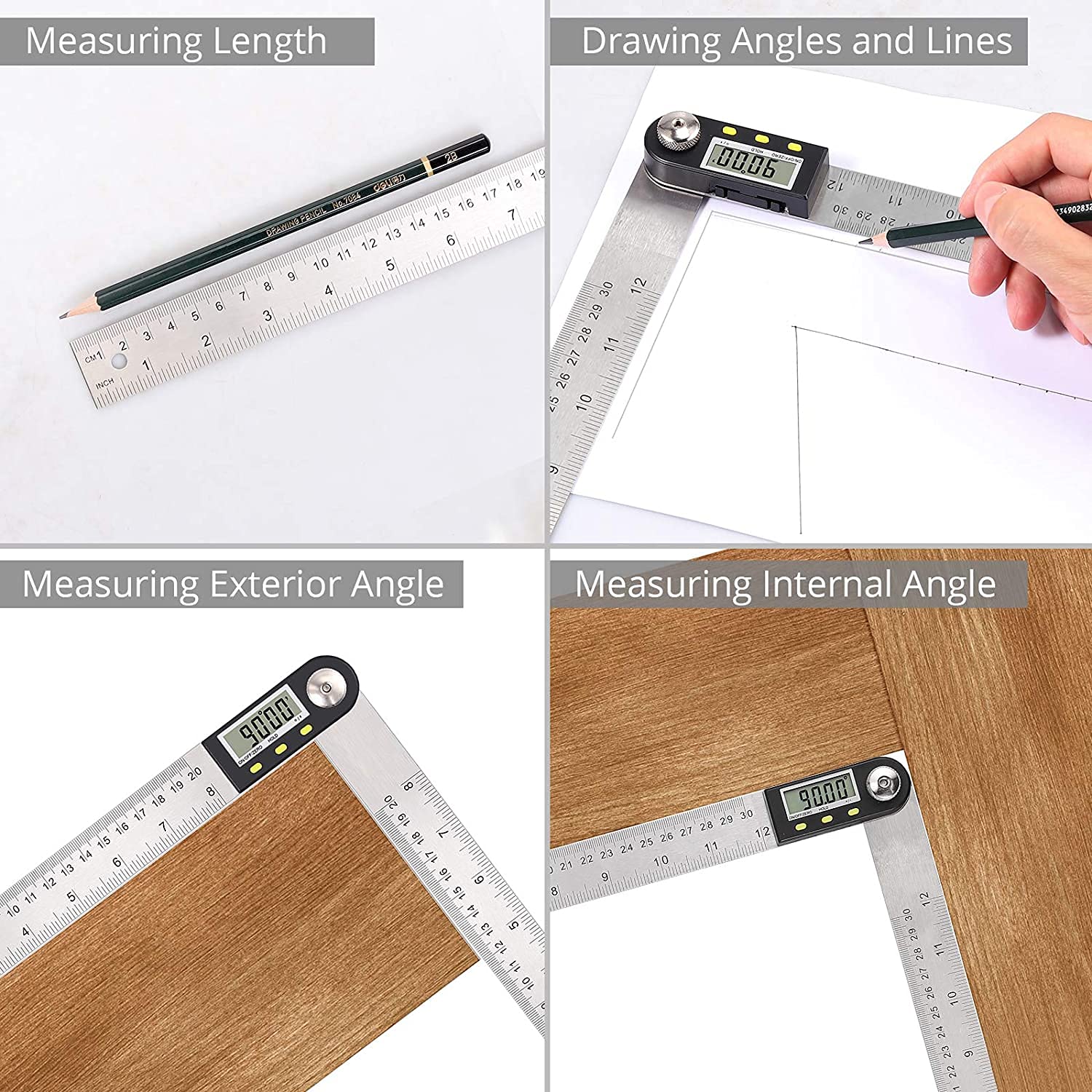 Elettronico Digital Display Angolo Righello Righello Goniometro in acciaio inox Lavorazione del legno Righello Angolo di misurazione Livello a 360 gradi for la lavorazione del legno Manutenzione della
