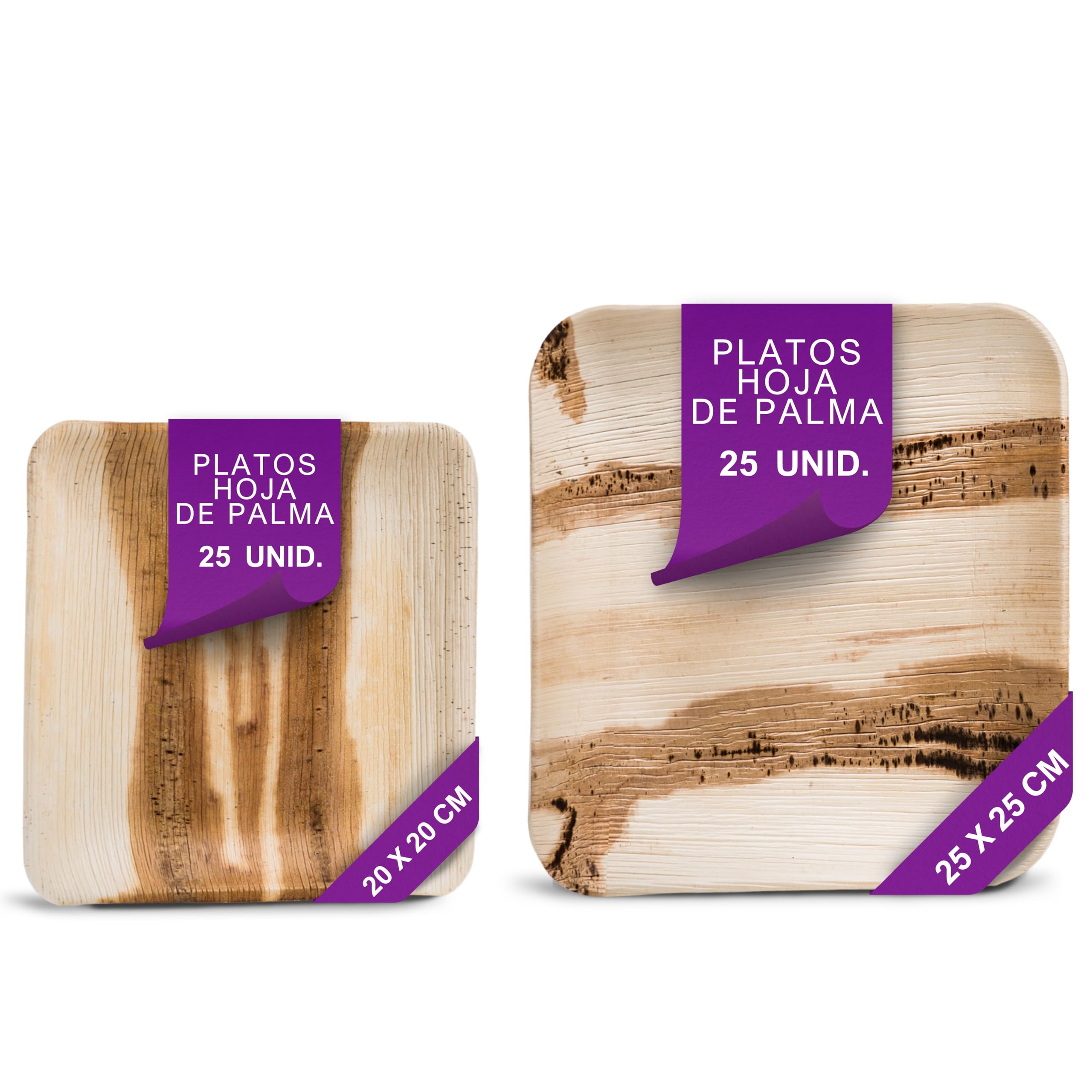 Platos Desechables Cuadrados de Hoja de Palma Orgánicos - Conjunto de 25 pz. 20x20 cm y 25 pz. 25x25 cm