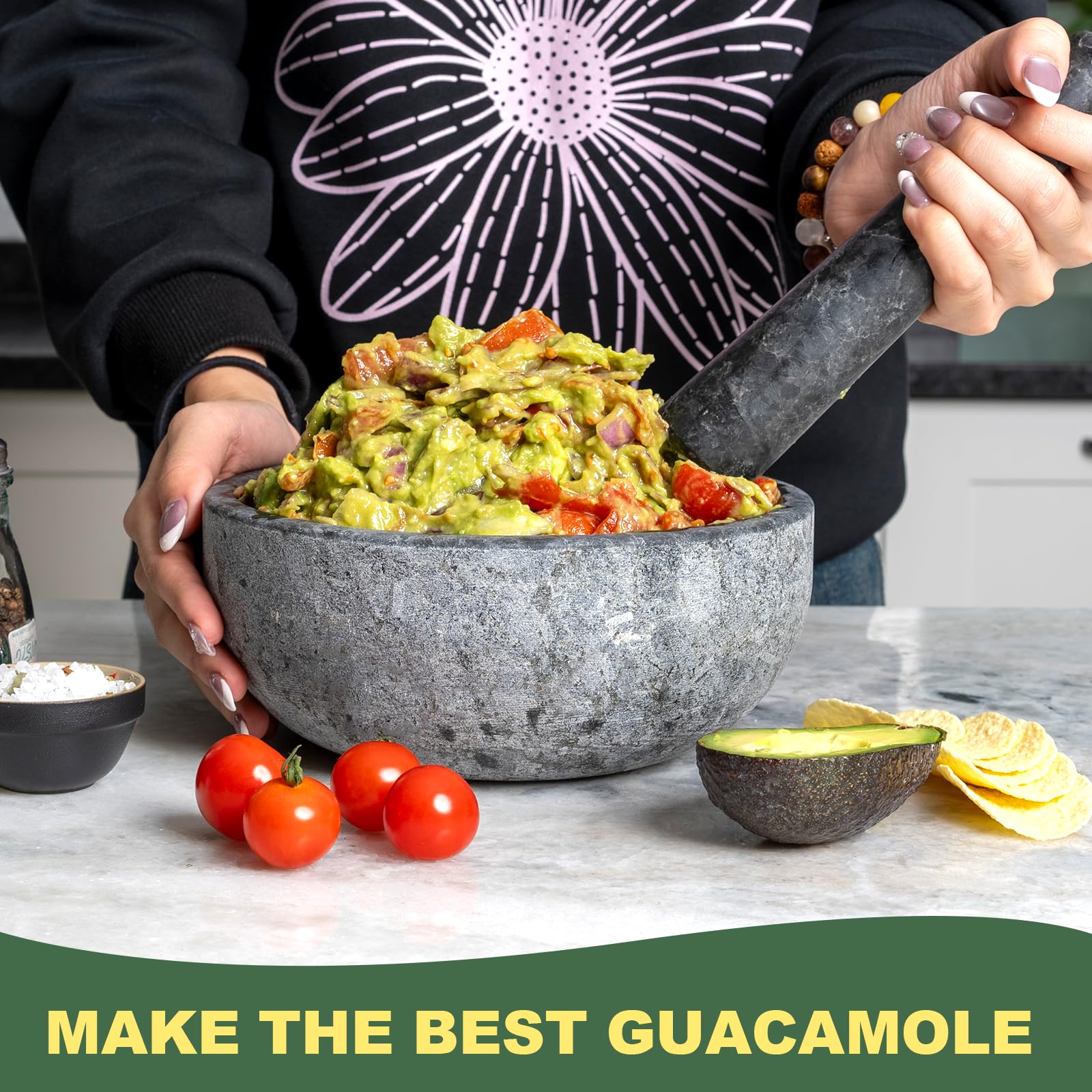 Koville Juego de mortero y pilón de granito natural, cuenco grande de 8 pulgadas para guacamole, salsa, trituradora de píldoras, especias, hierbas, ajo, nueces, molinillo resistente para cocina con