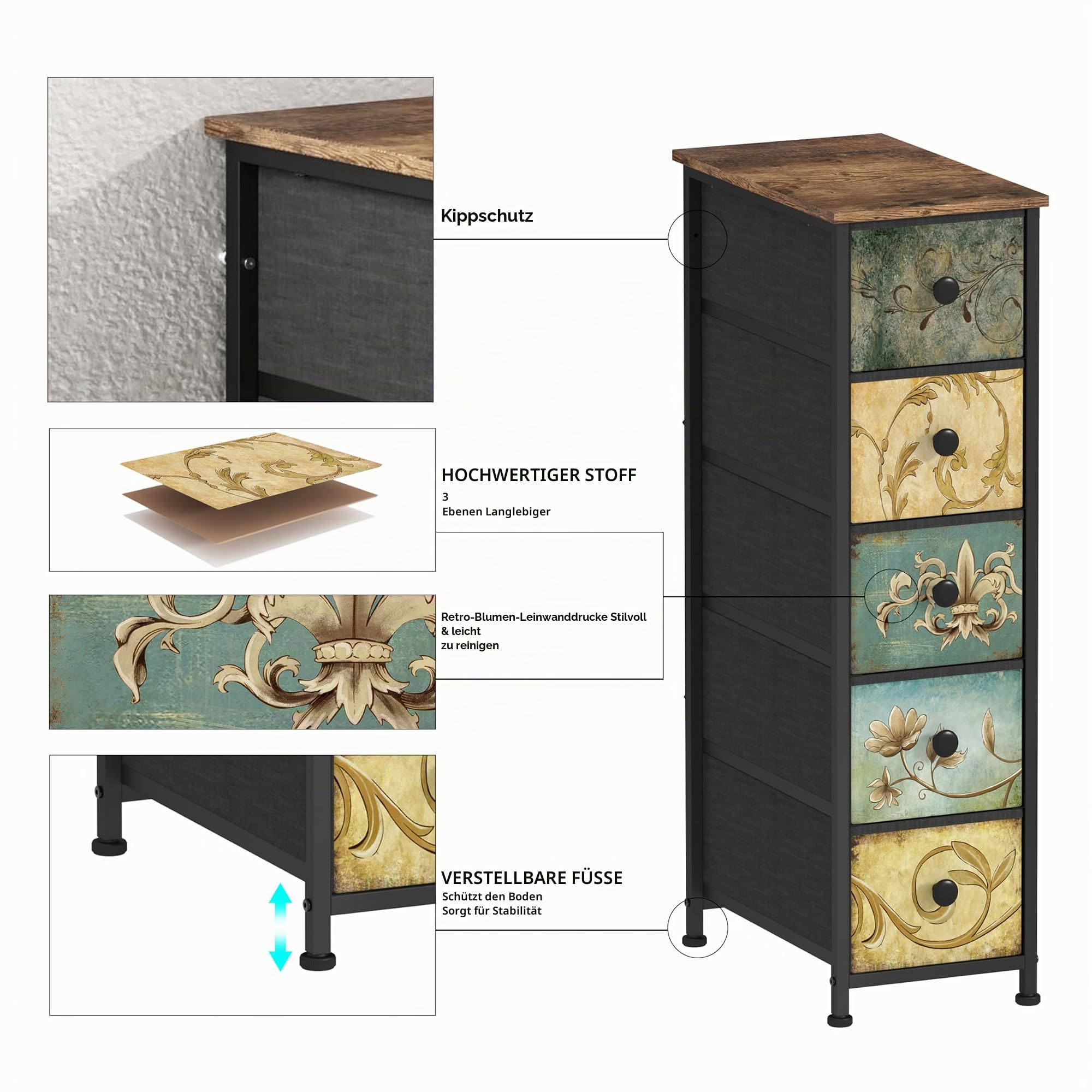 VEDECASA Kommode Schmal Schrank mit 5 Schubladen aus Stoff Böhmische Schminktisch Kommodenschrank Schubladenschrank für Schlafzimmer Wohnzimmer Flur aus Metallrahmen Holzwerkstoff Vintage-Holzoptik