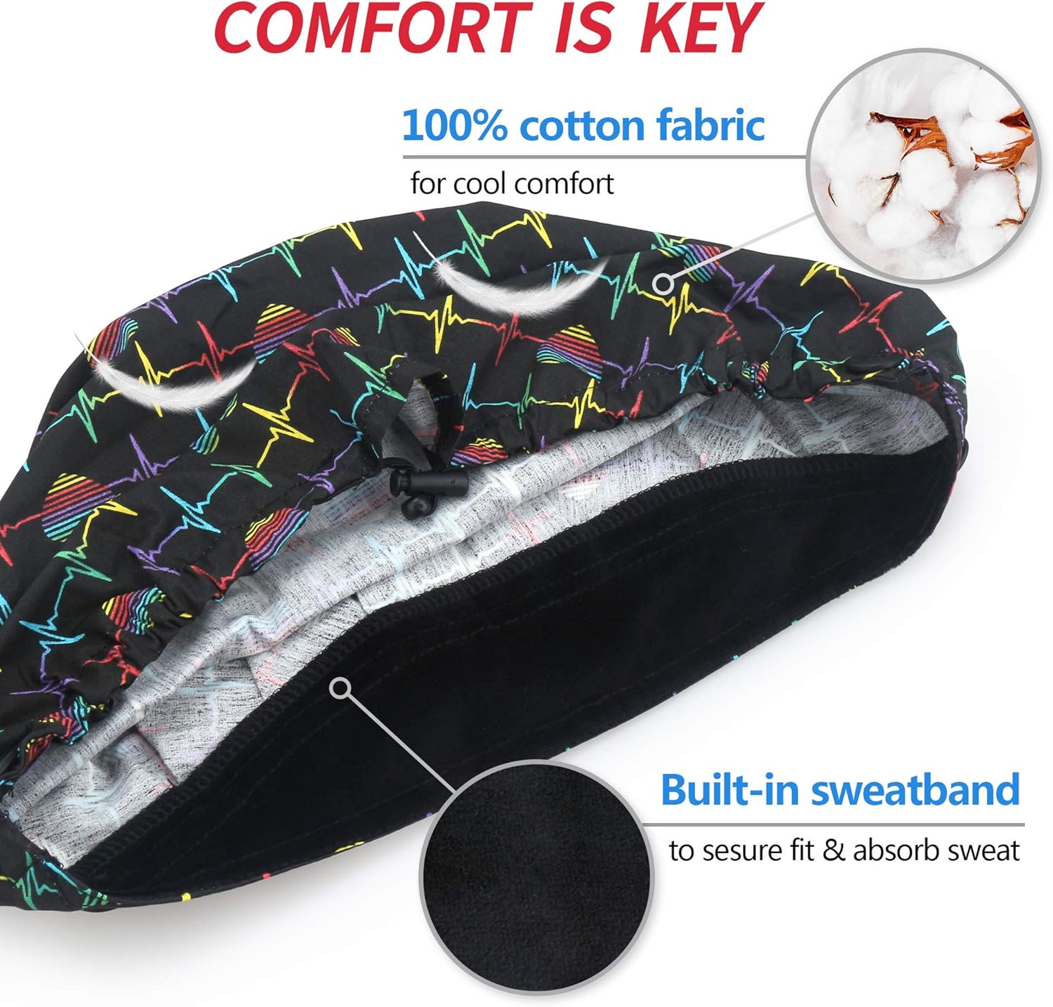 ABAMERICA 2 Pack Bouffant Caps with Button and Sweatband, Adjustable Scrub Caps for Women Men, One Size Multi Color - Image 3