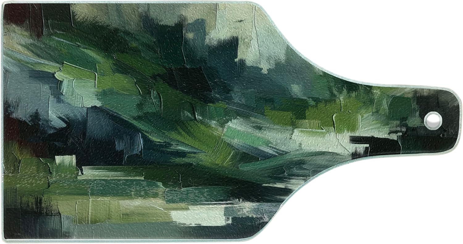 Ambesonne Dark Green Cutting Board, Simple Abstract Painting Style Brush Strokes with Deep Nature Colors, Decorative Tempered Glass Cutting and Serving Board, Wine Bottle Shape, Blue Grey and Eggshell