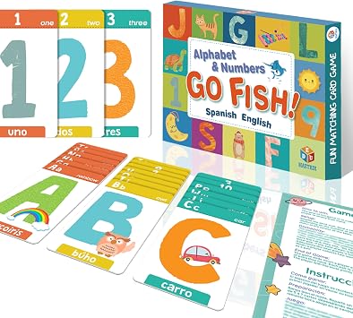 Spanish English Bilingual Alphabet Numbers Go Fish Card Game for Kids,72 Cards, ABC Learning Playing Cards, Memory Matching Games, 2-8 Players, Ages 4-8 and up, Old Maid and Slap Jack