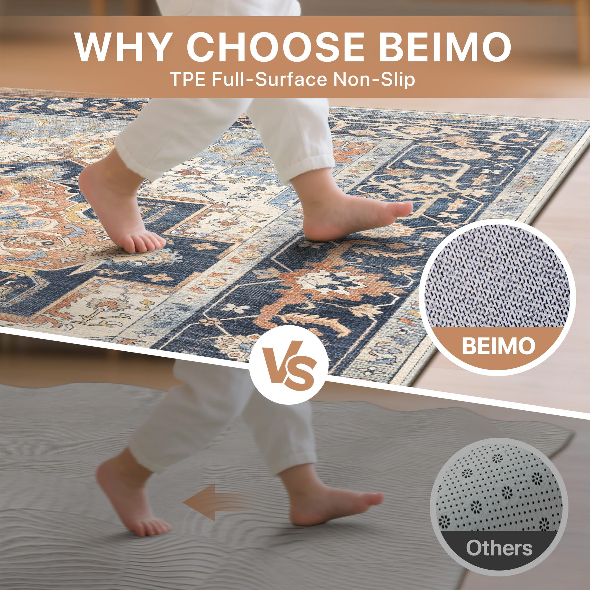 BEIMO Tappeto Salotto Pelo Corto Vintage, Tappeto Camera Da Letto, Tappeti Antiscivolo Lavabile, Grande Tappeti Persiano per Cameretta, Soggiorno, Sala, Scendiletto, Blu, 160x230cm