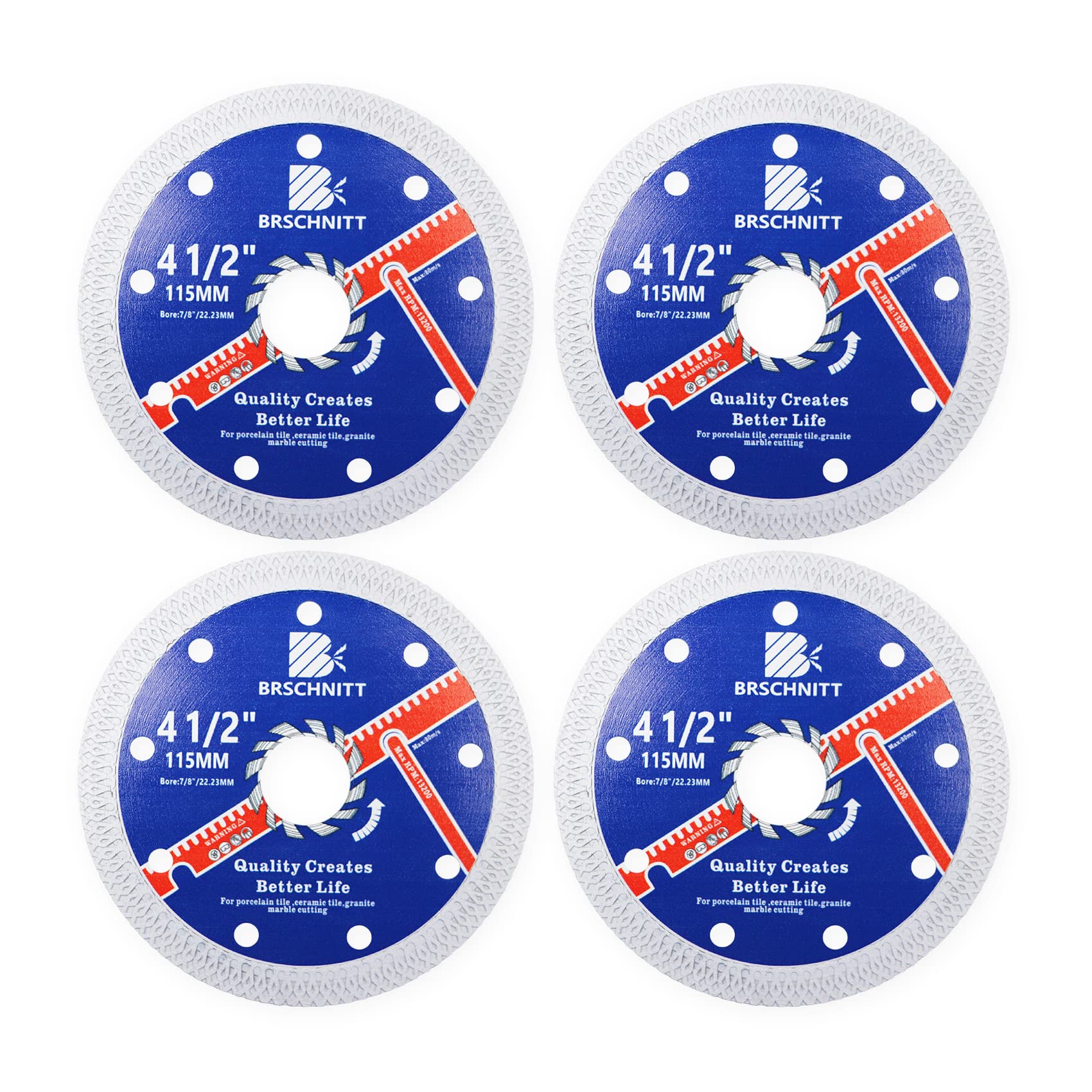 Super Thin Diamond Porcelain Saw Blade with X Teeth,BRSCHNITT 4pcs 115mm x Arbor 22.23mm Angle Grinder Diamond Cutting Disc for Dry/Wet Cutting Porcelain Tile Ceramic Marble Granite