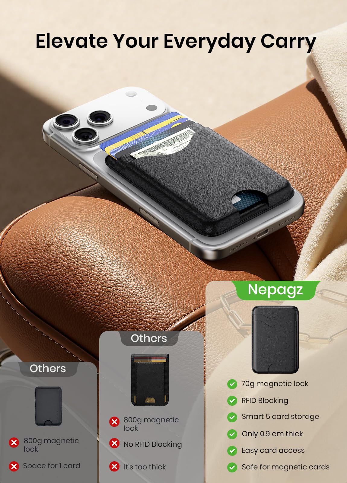 For MagSafe Wallet, 5-Card Holder with RFID Blocking, Vegan Leather Slim Magnetic Wallet, Bottom Card Ejection, for iPhone 17/16/15/14/13/12 Series, Not for Mini,Black — view 2