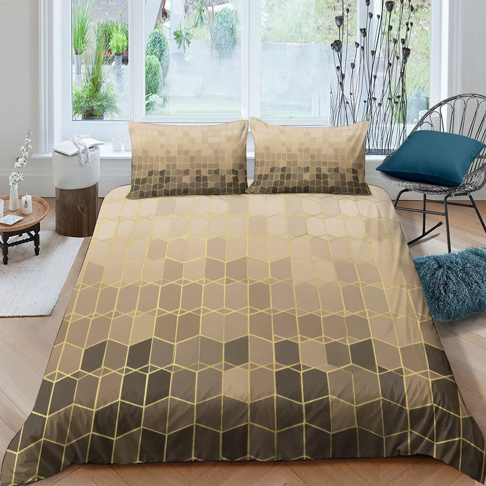 Ctjqhvkz Style-4 3D Printed Geometric Gradient Fitted Sheet Microfiber Soft Gold Brown Hexagon Bed Sheet For Bedroom Dorm Mattress Cover Single（135X200cm）