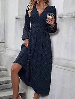 fitted lace wedding dress Womens Midi Dress Plain Dot Neck Lantern Long Sleeve Shirred Flared A Line  Dress Casual for Women Navy Blue at Amazon Women's Clothing store