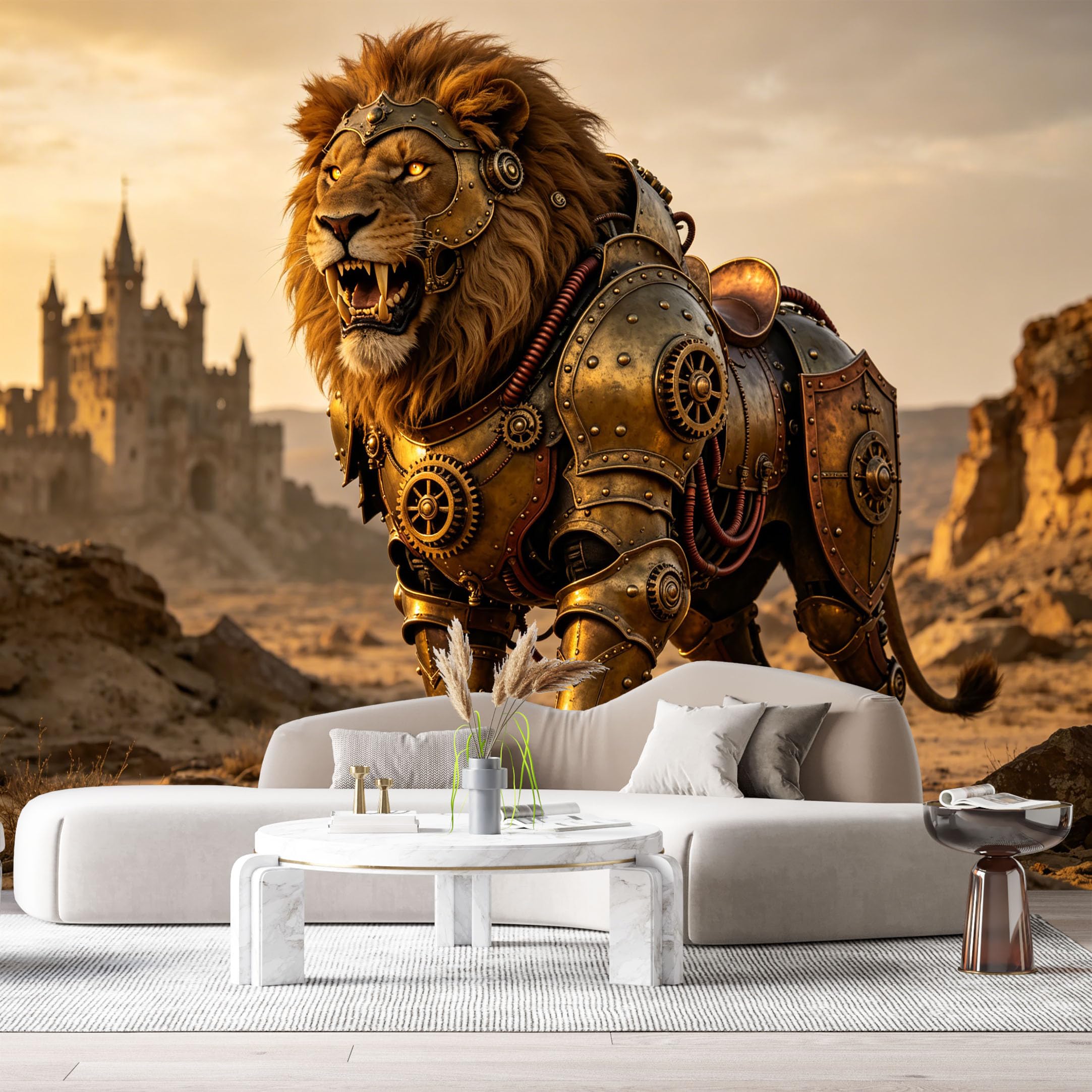 Custom Size Wall Mural Steampunk Mechanical Lion Metal Armor Fantasy Beast Desert Castle Science Fiction Style SelfAdhesive Art Prints Removable Large Wallpaper Esports Room Game Room Studio