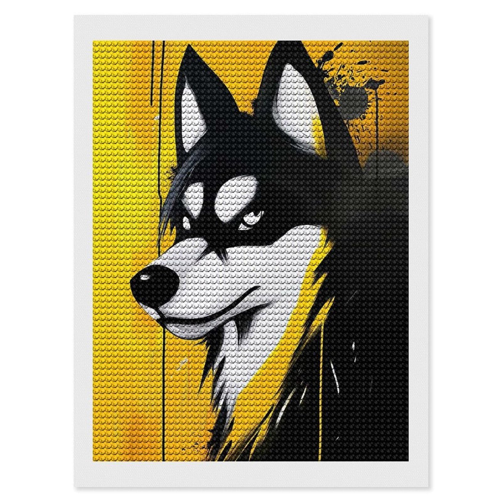 Junmoney Black and Yellow Wolf DIY Diamond Art Canvas Kit 12"x16", Adhesive Canvas, Easy to Enjoy, Farmhouse Decor, Festive Craft Gift