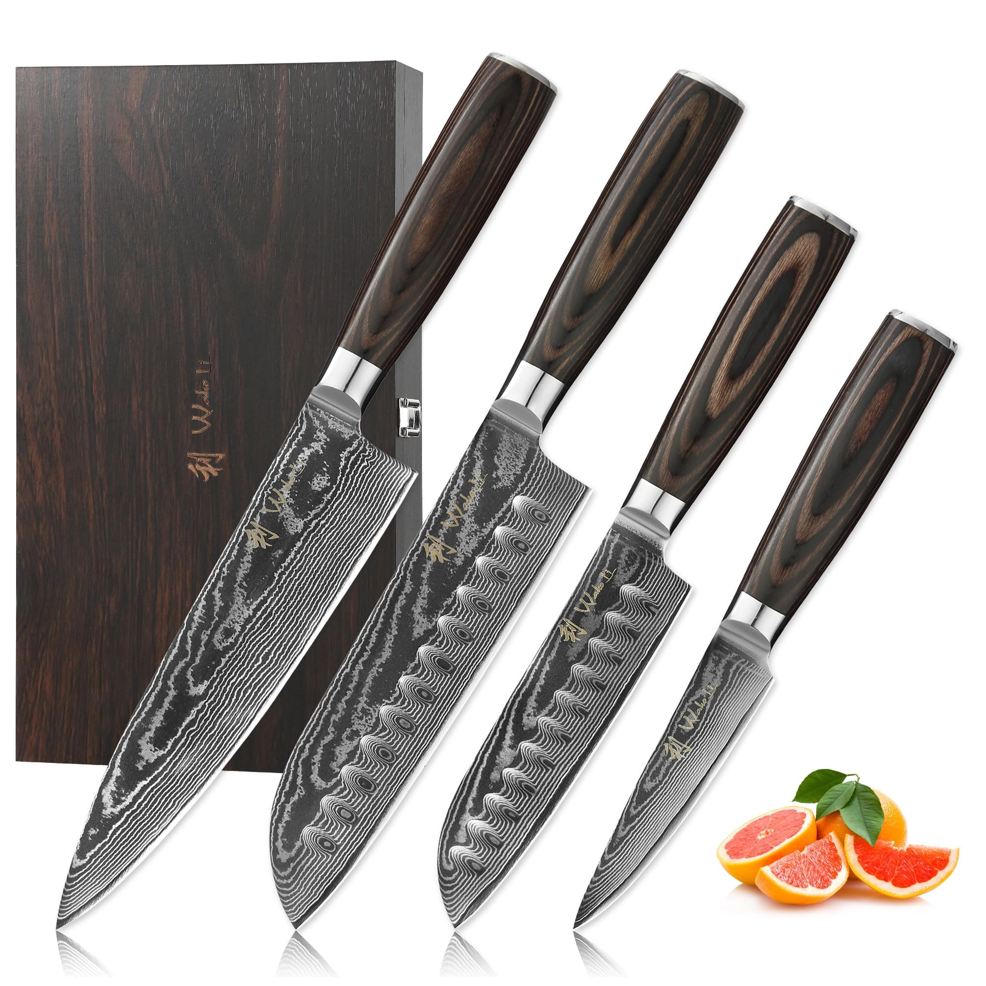 Wakoli EDIB Essentials Scharfes Damast Küchenmesser Messerset - Chefmesser, Santoku & Gemüsemesser - Kochmesser aus 67 Lagen Damaststahl VG10 Kern 60±1 HRC - Pakkaholzgriff - Küchen Messer in Holzbox